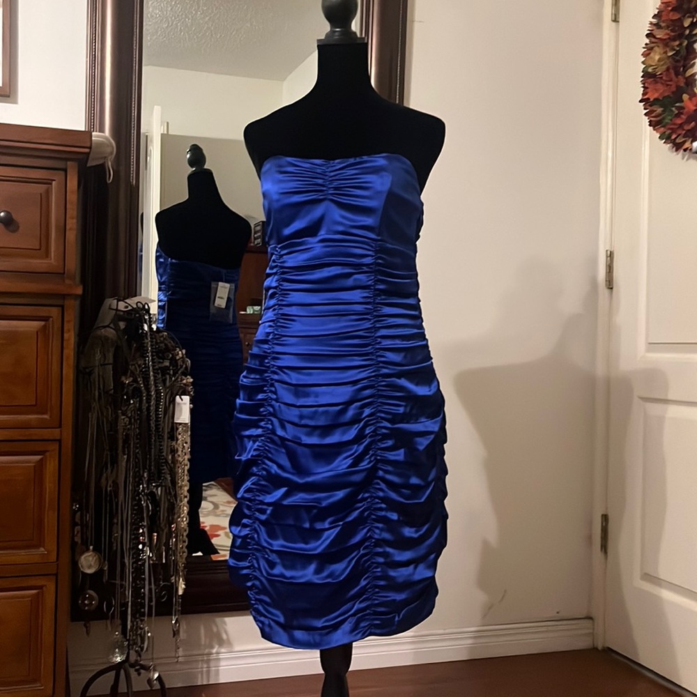 Electric blue strapless ruched dress